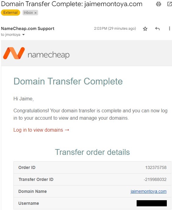 Namecheap Domain Transfer Complete email