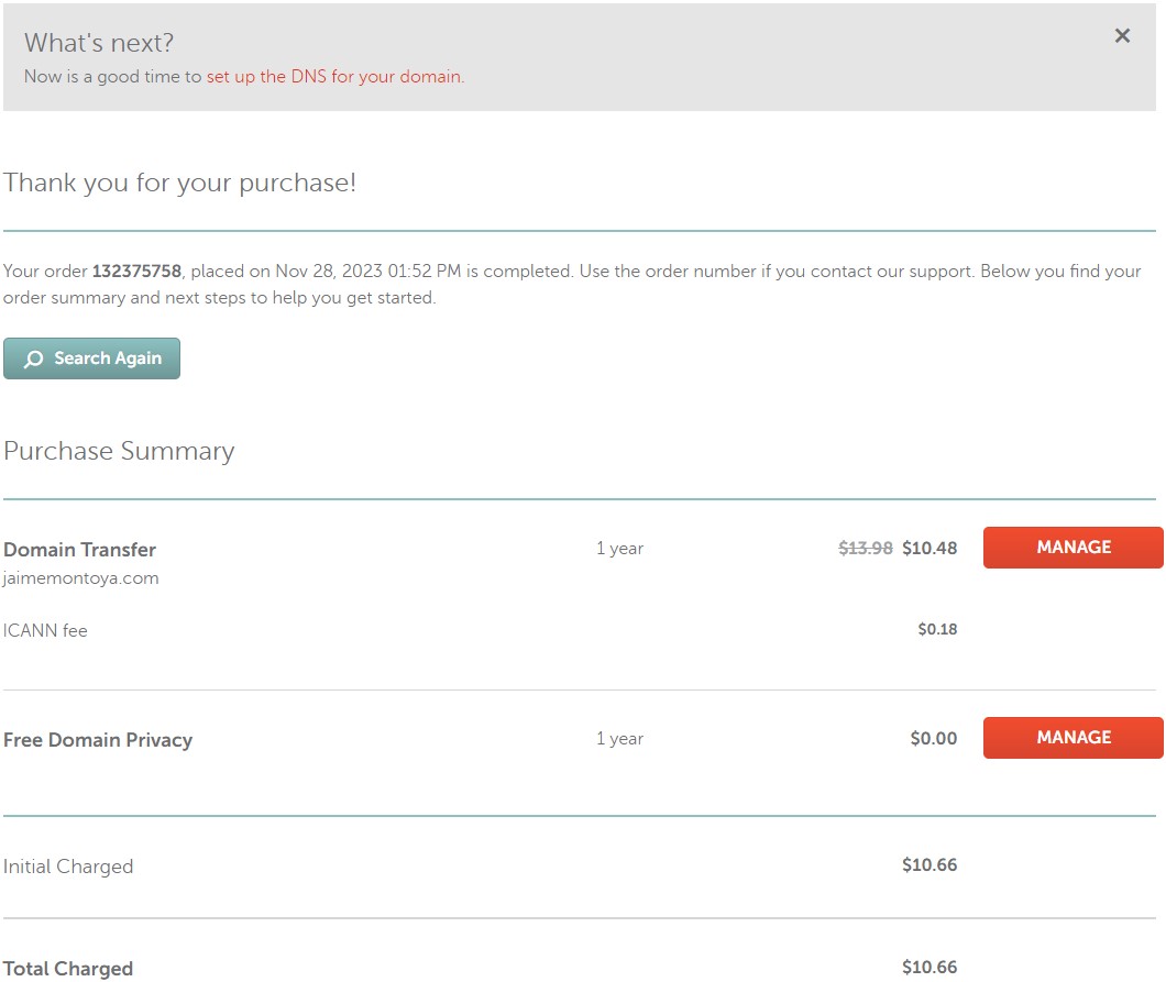 Namecheap order confirmation and purchase summary