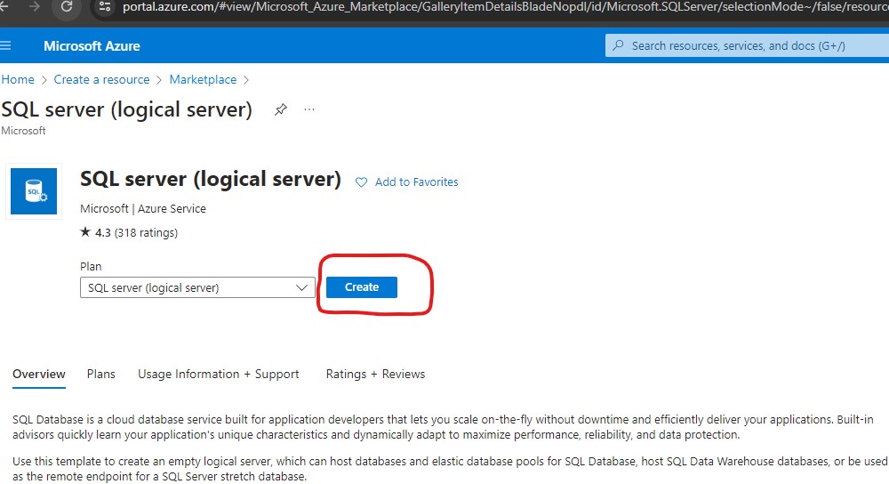 Create SQL Server (logical server)
