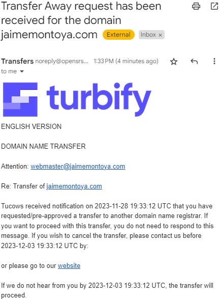 Transfer away request from Turbify for jaimemontoya.com