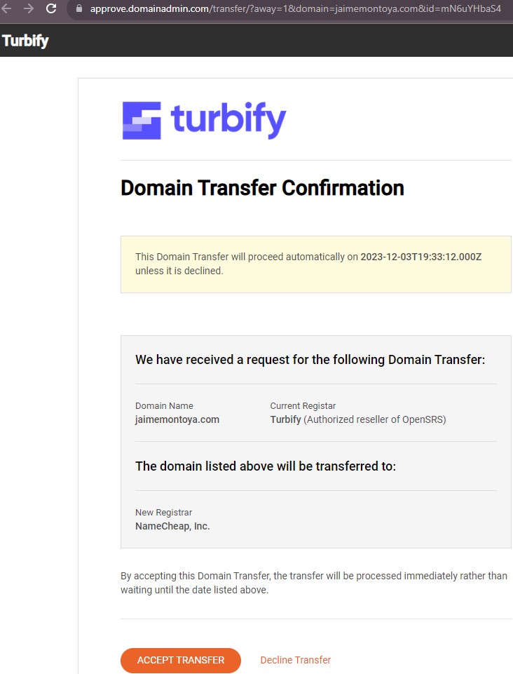 Turbify domain transfer confirmation