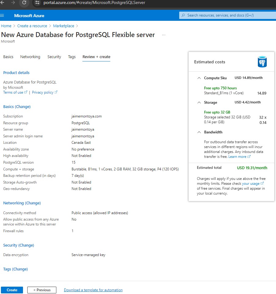 Create new Azure Database for PostgreSQL Flexible server