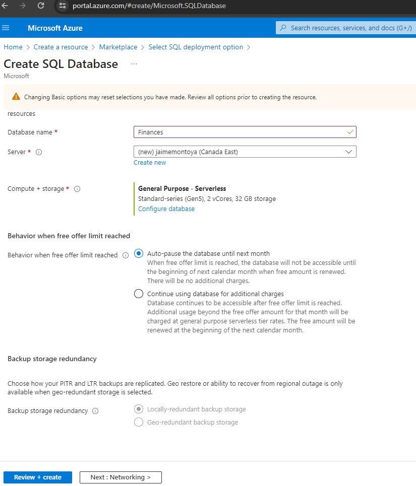 Create SQL Database, Basics tab, part 2 of 2