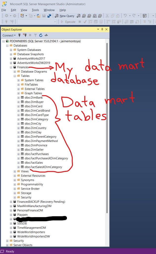 Show database and data mart tables from SQL Server Management Studio
