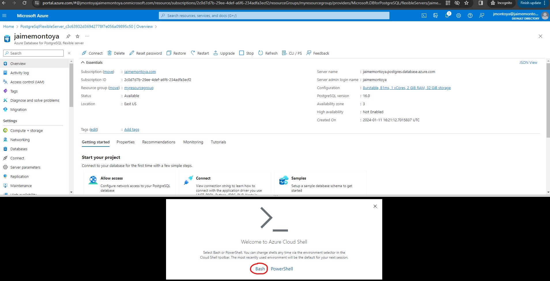 Select Bash from Azure Cloud Shell
