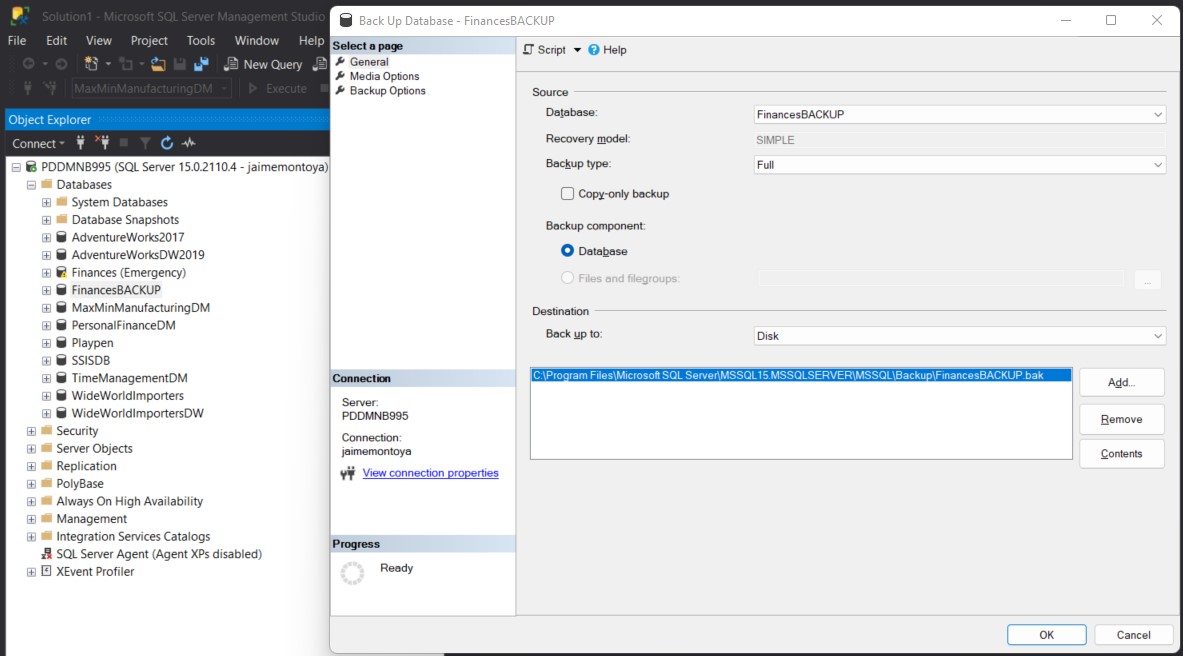 Back up database generating BAK file