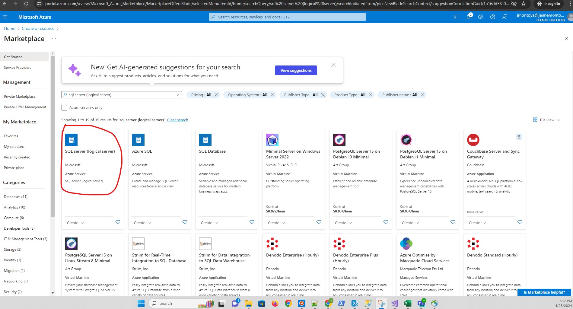 Click SQL Server (logical server)