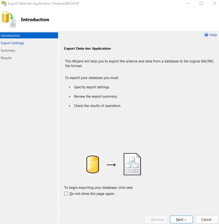 Introduction screen in export data-tier application process