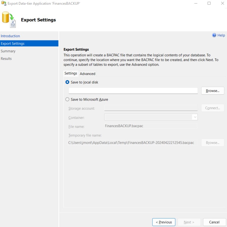 Saving BACPAC to local disk