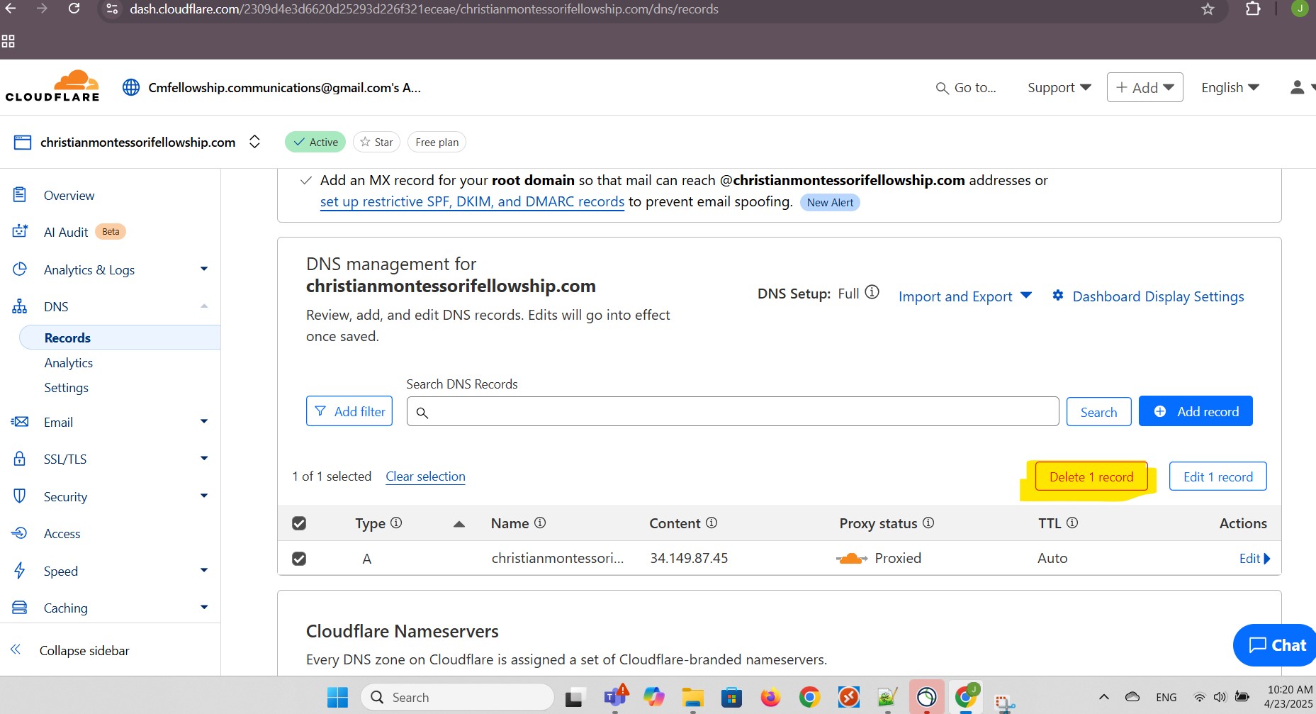 Delete DNS record