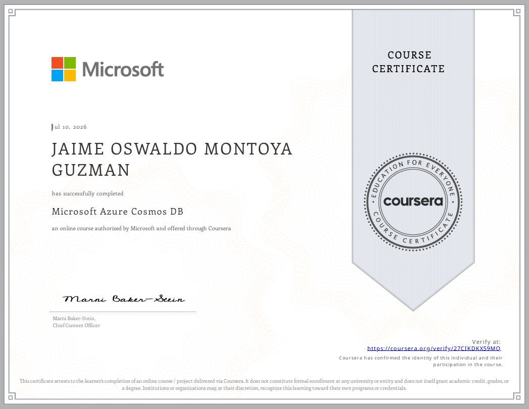 Microsoft Azure Cosmos DB - Coursera - Jaime Montoya