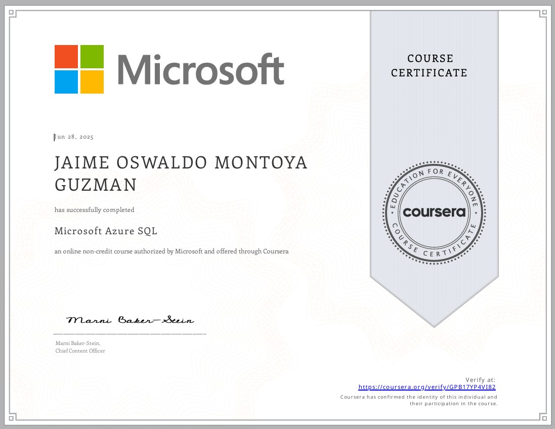 Microsoft Azure SQL - Coursera - Jaime Montoya