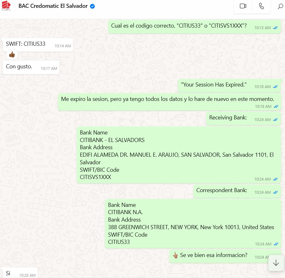 BAC Credomatic made mistake providing wrong SWIFT code on 24 April 2025