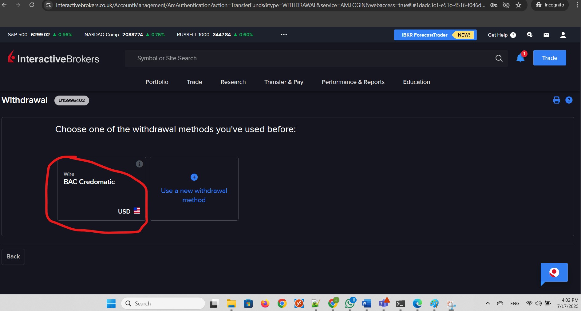 Choose withdrawal method that was created