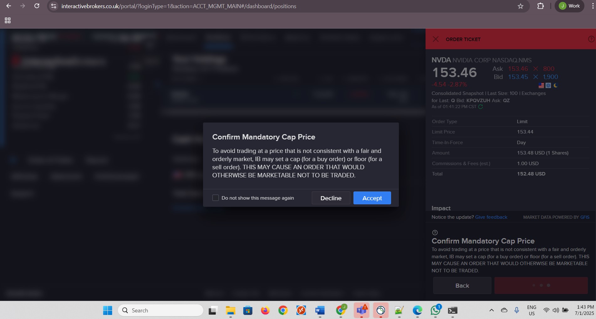 Click Accept to submit Sell Order for Nvidia.