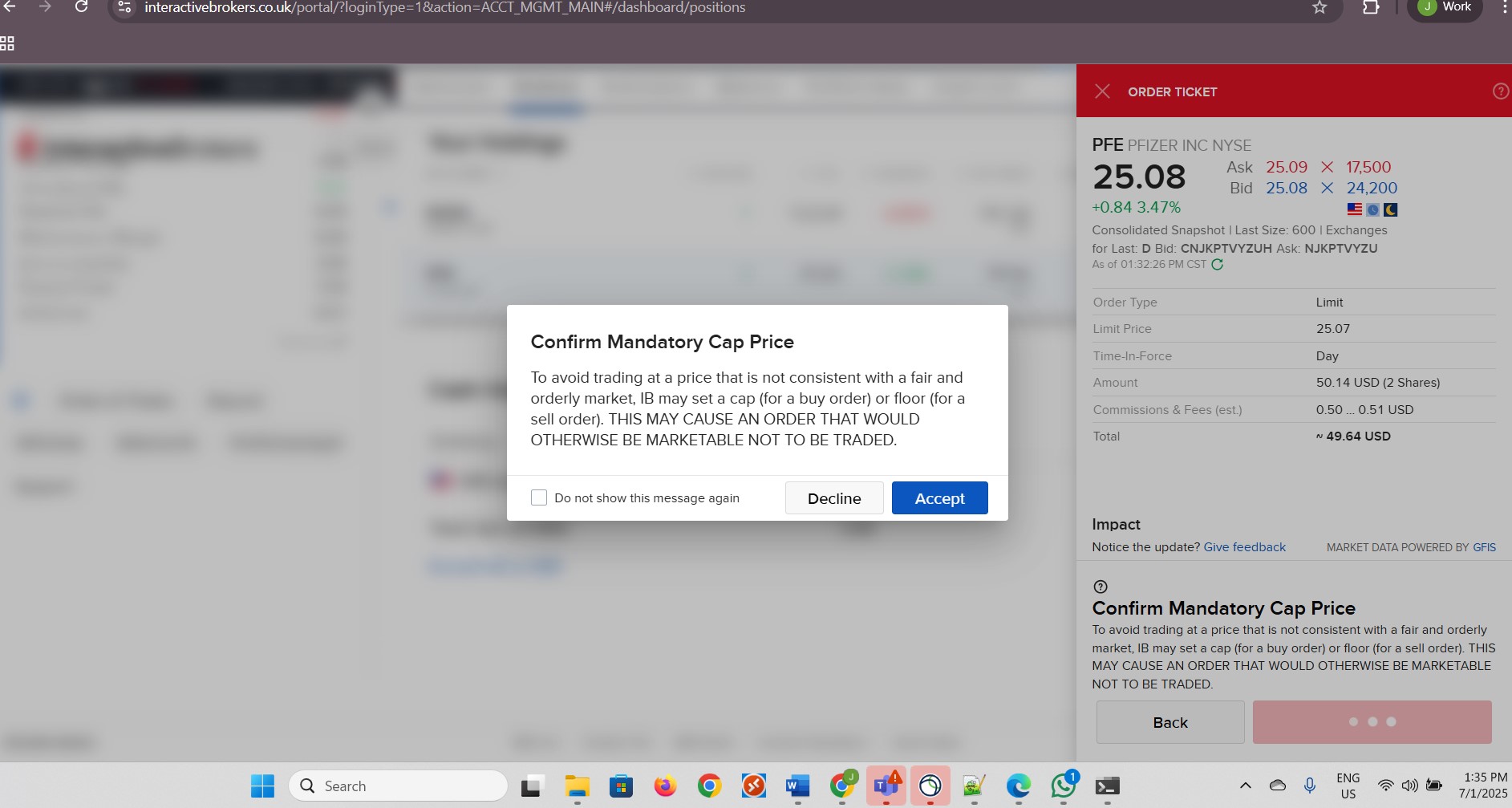 Click Accept to submit Sell Order for Pfizer.