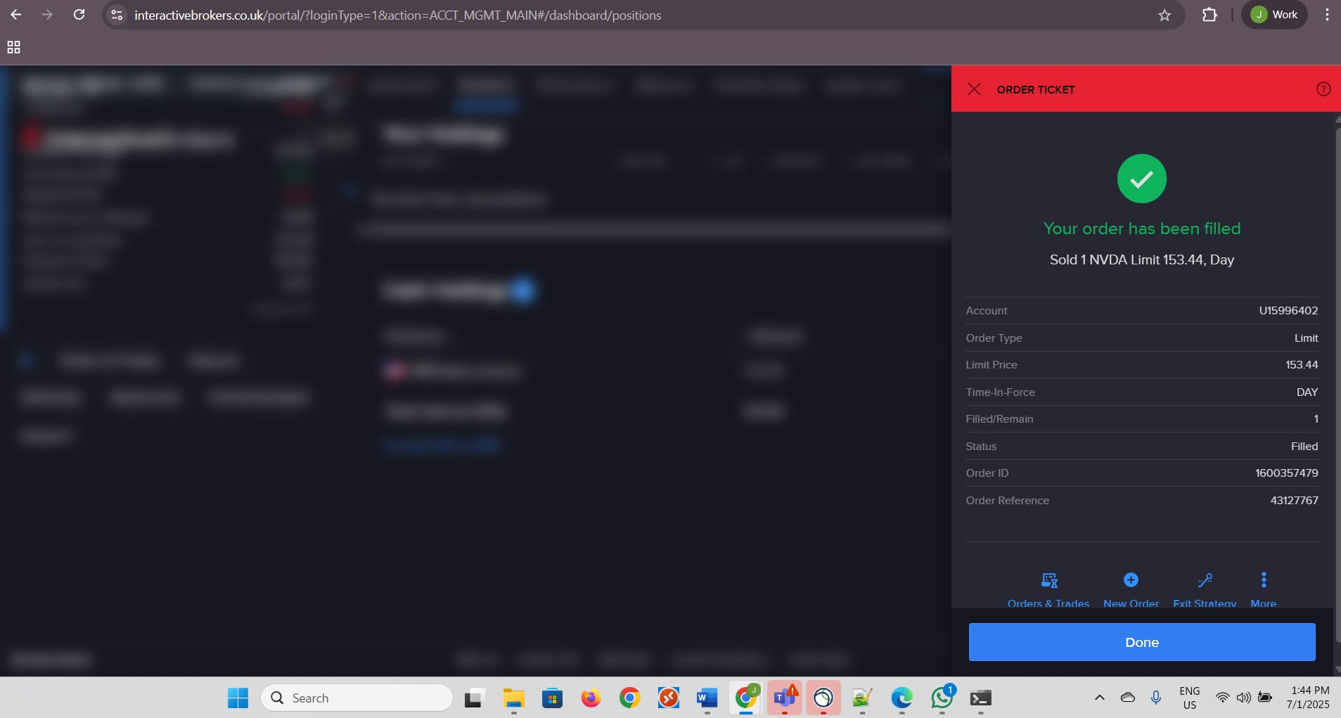 Click Done for my submitted Sell Order for Nvidia.