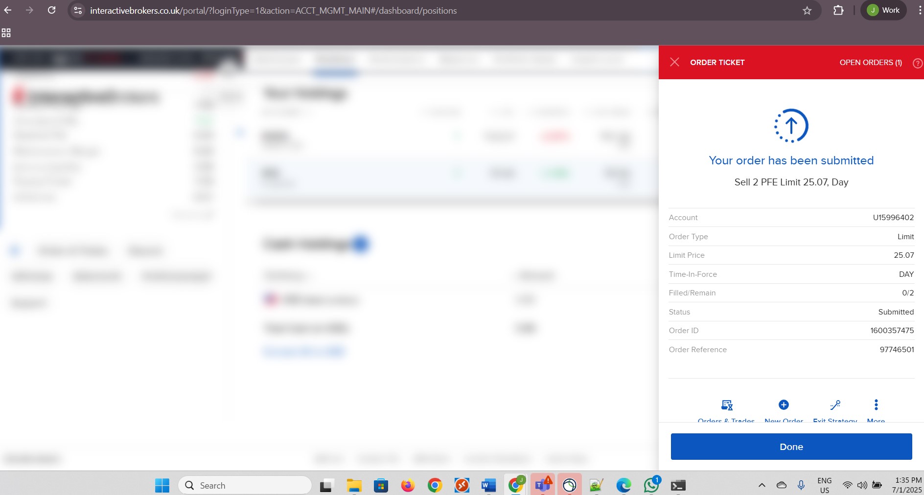 Click Done for submitted Sell Order for Pfizer. Part 1 of 2