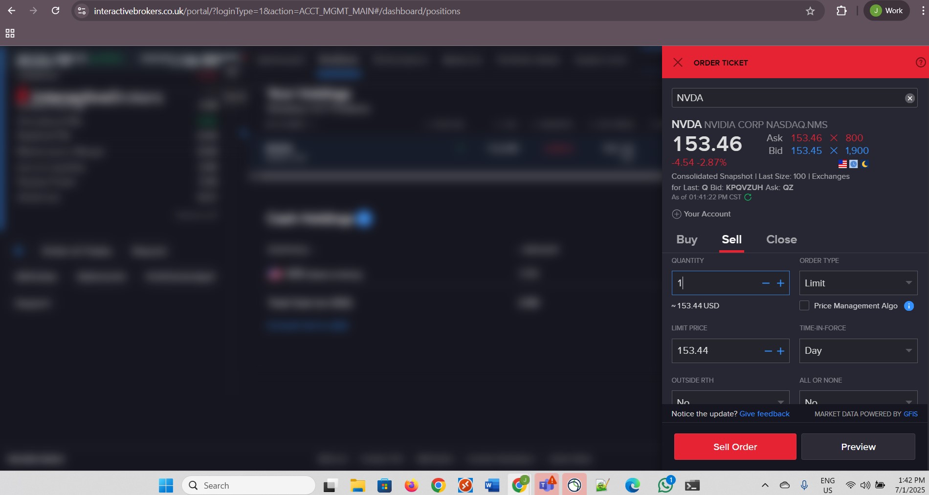 Click Preview for the Sell Order for Nvidia.
