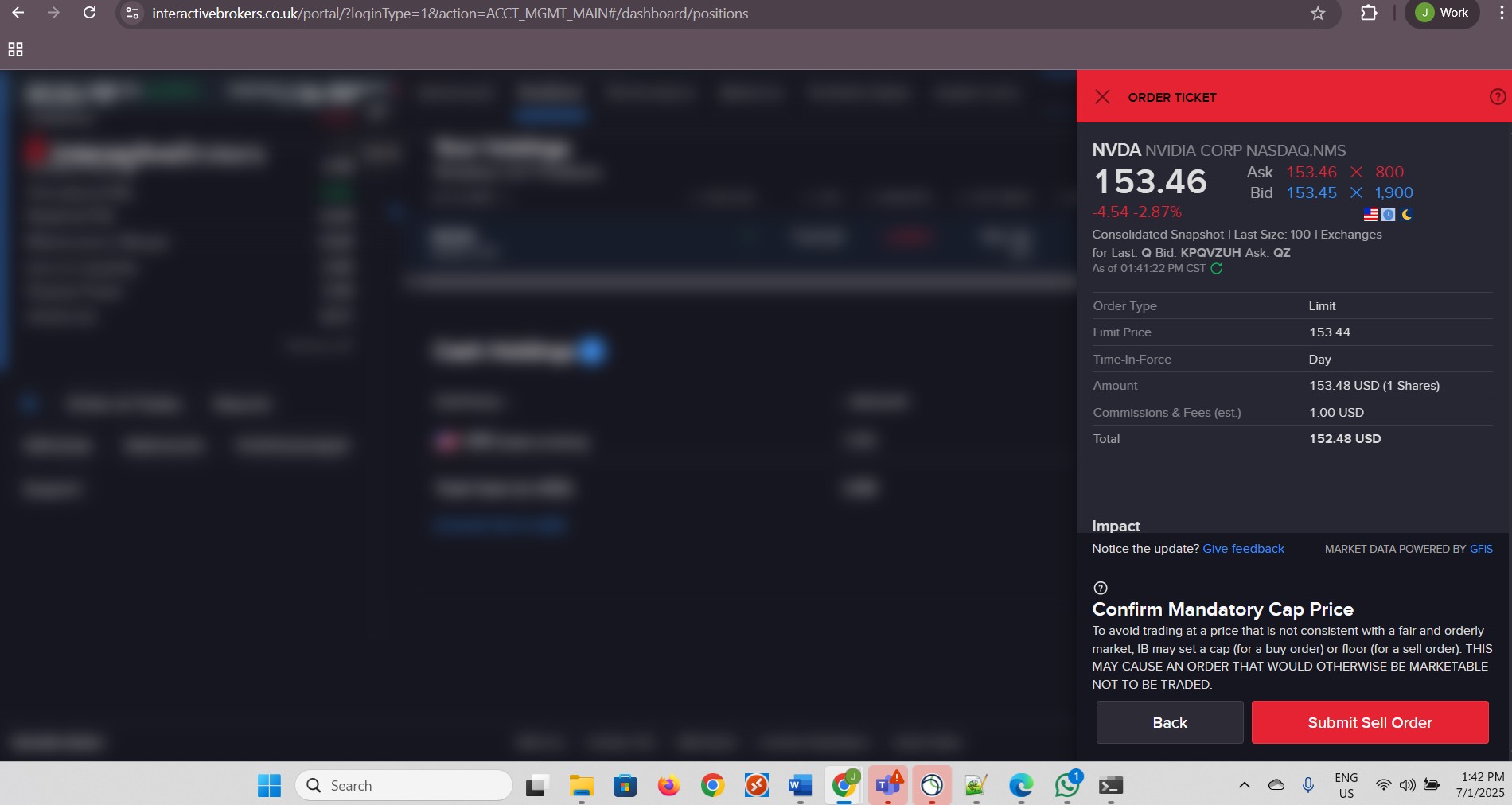Click Submit Sell Order for Nvidia.