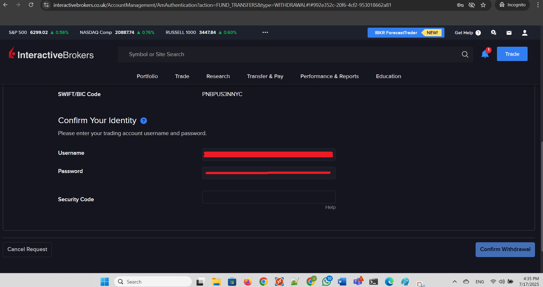 Provide Security Code and confirm withdrawal