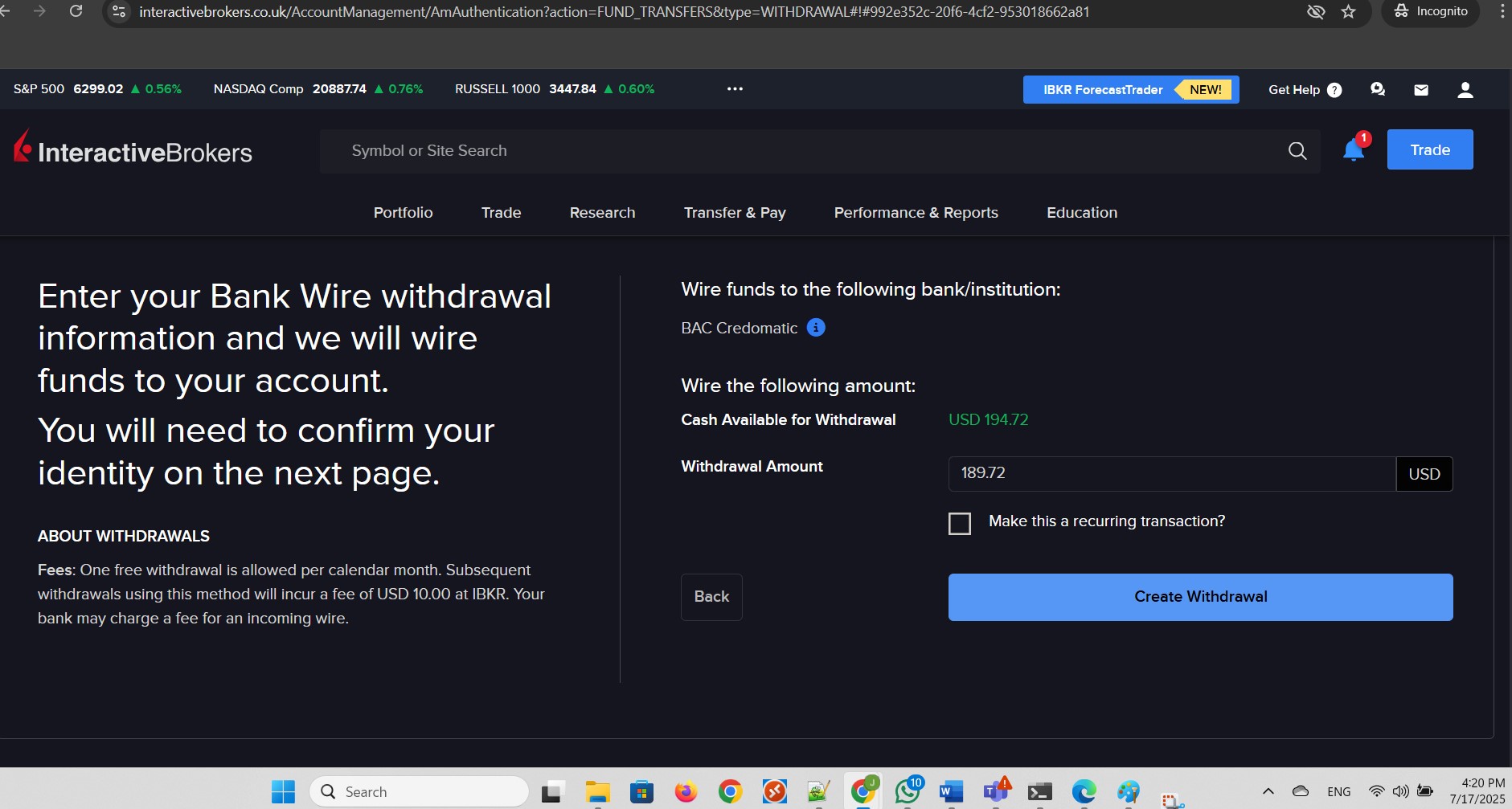 Create withdrawal