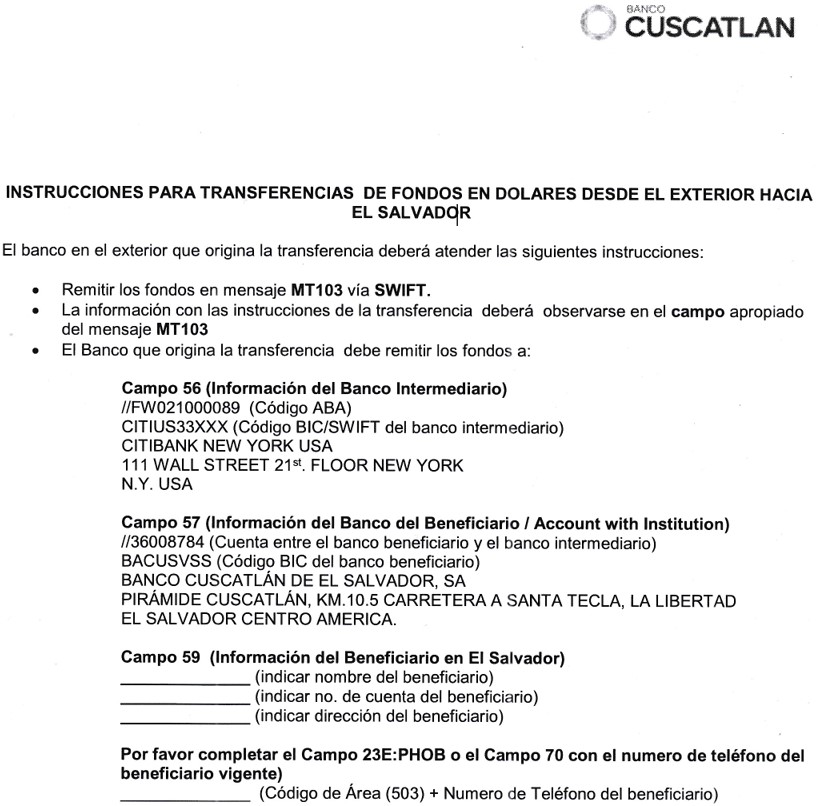 Banco CUSCATLAN SWIFT codes. Part 1 of 2.