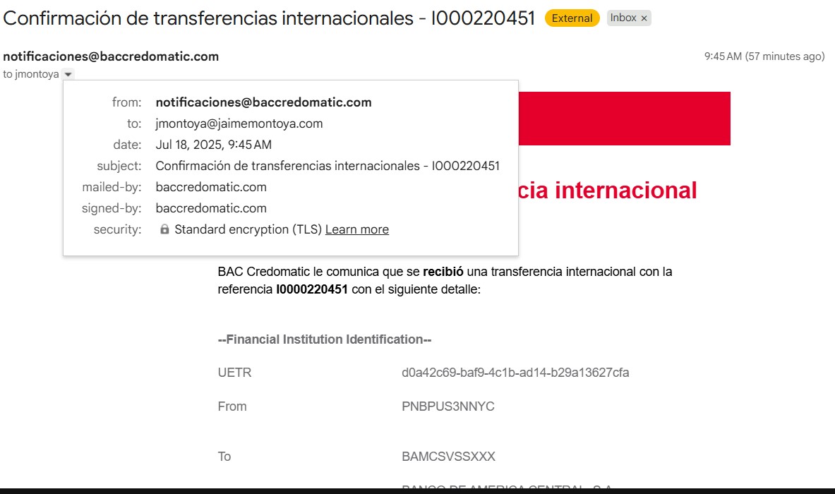 Email confirmation for Wire transfer. Part 1 of 4.