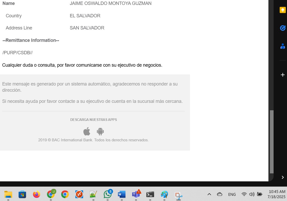 Email confirmation for Wire transfer. Part 4 of 4.