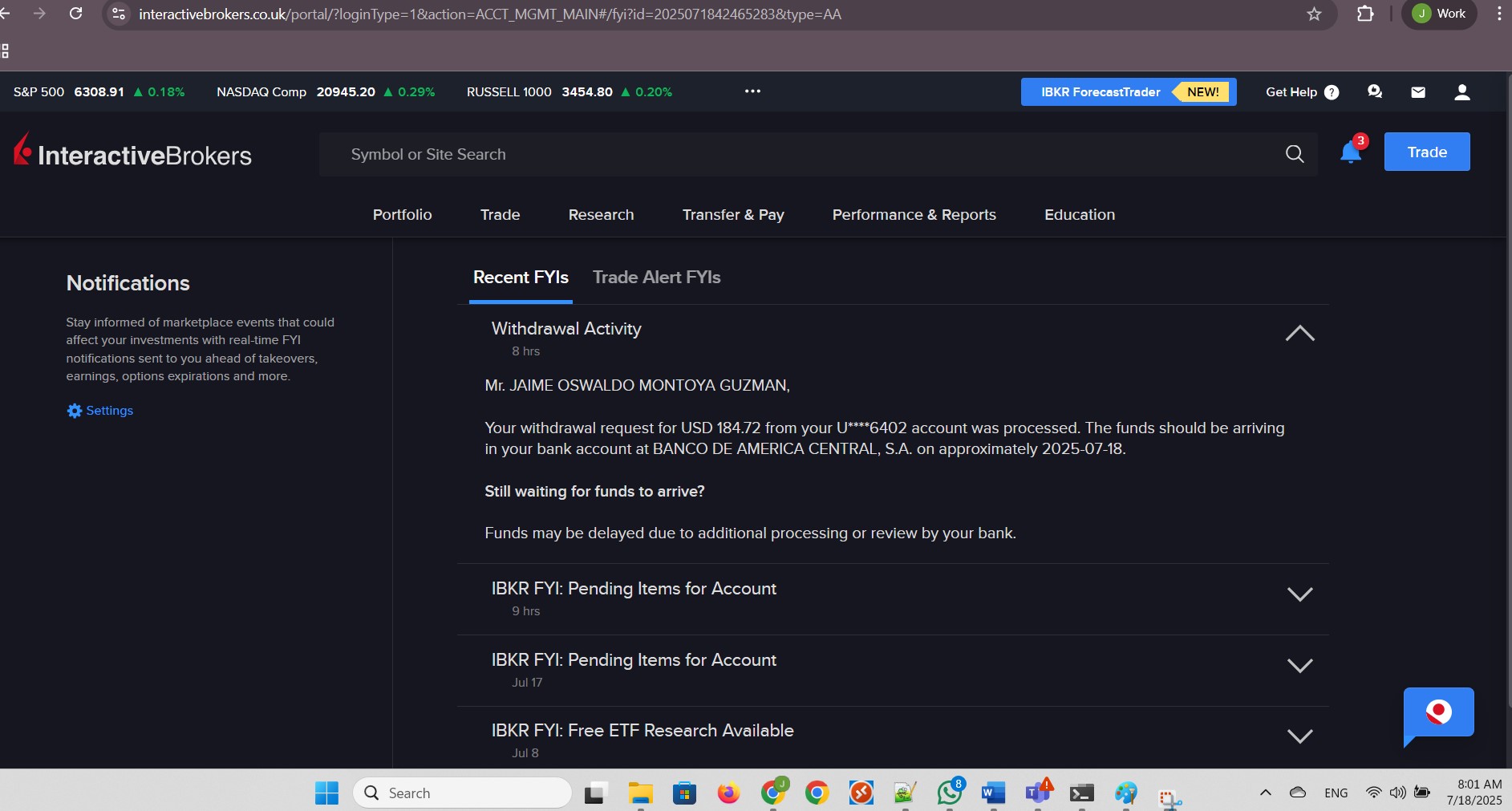 Show FYI successful withdrawal notification
