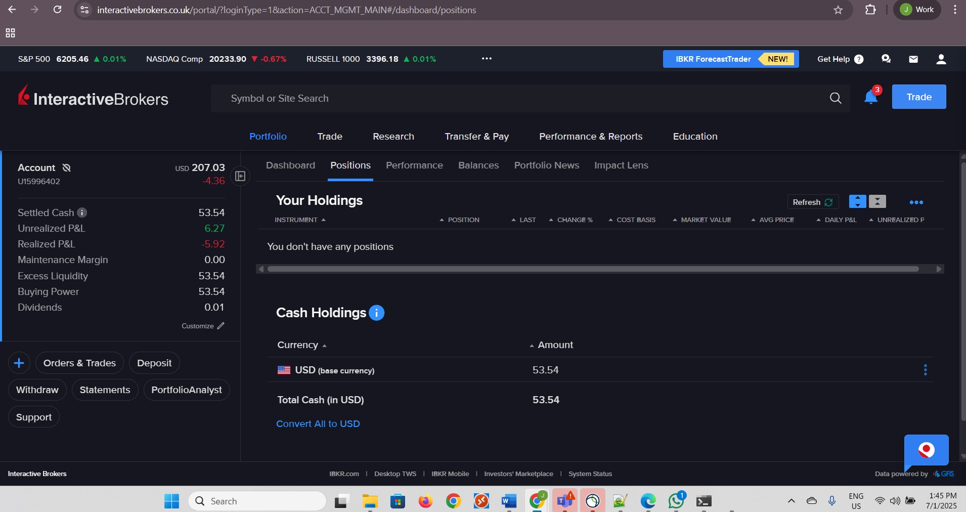 Holdings list empty, having zero positions.