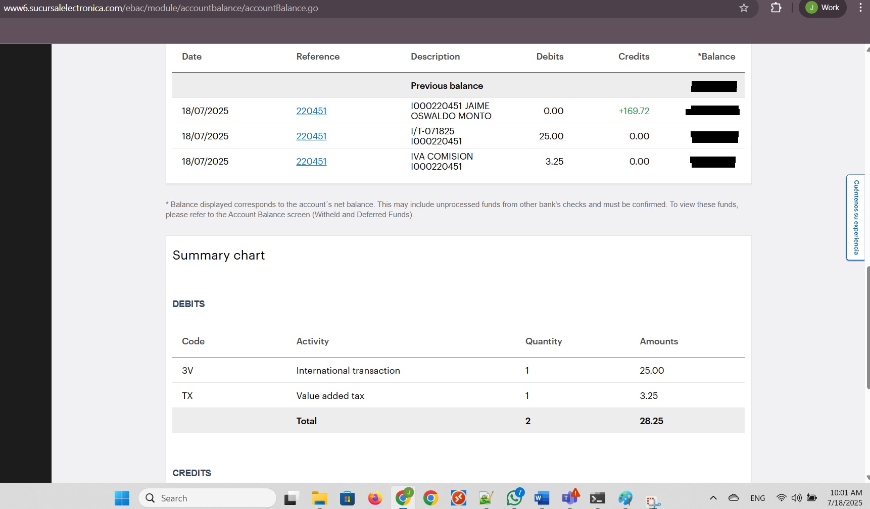 Money received at BAC Credomatic. Part 1 of 2.