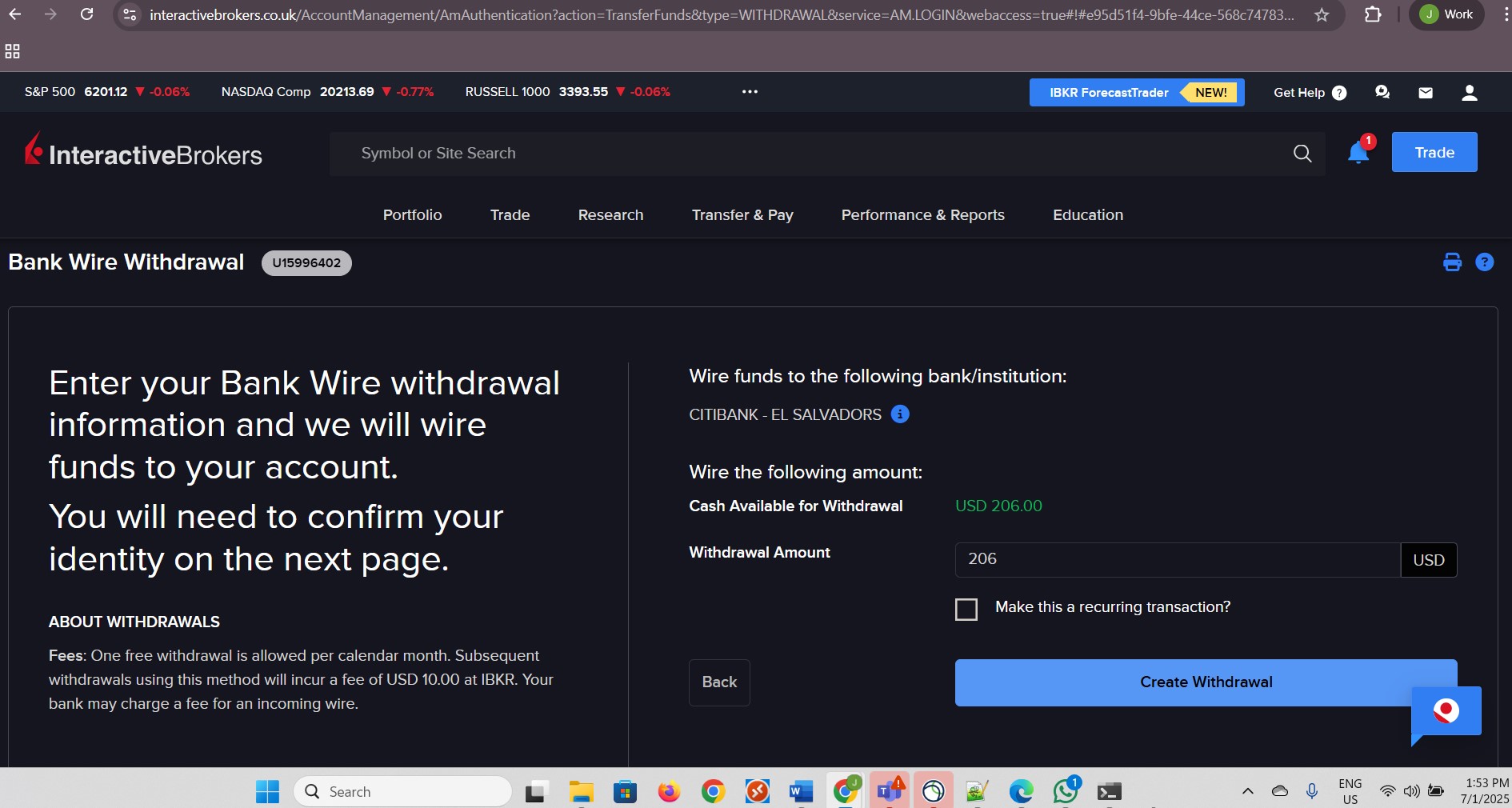 Provide withdrawal amount and click Create Withdrawal.