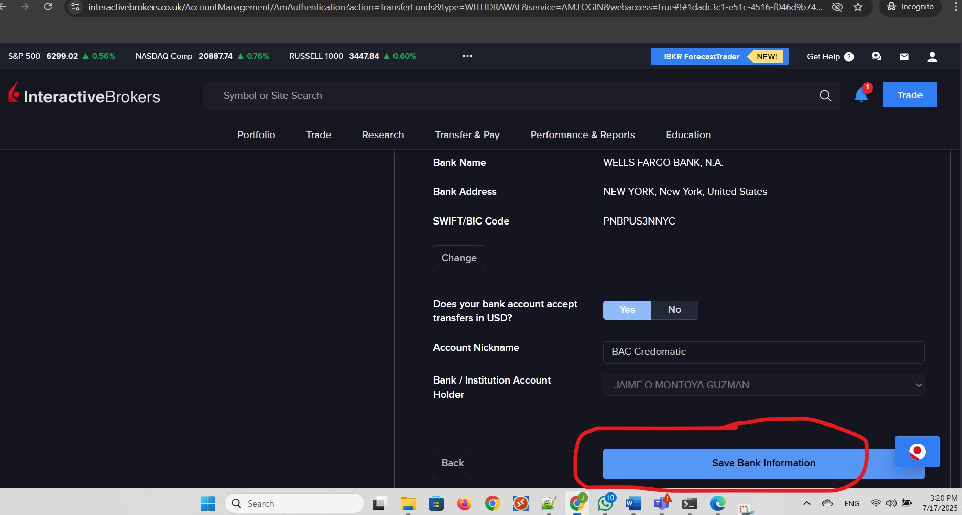 Save complete bank information