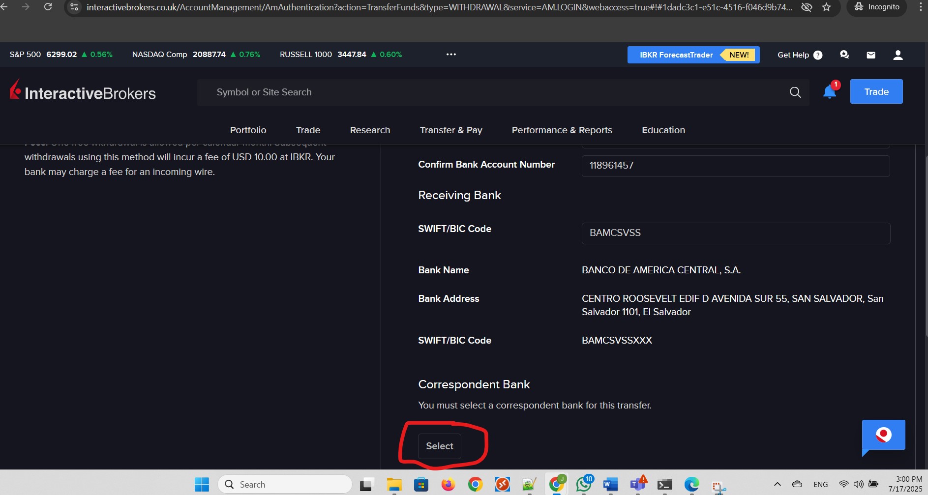 Select Correspondent Bank. Part 2 of 2.