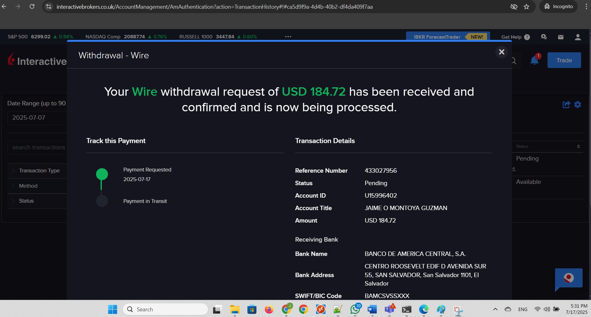 Show pending withdrawal. Part 1 of 2.