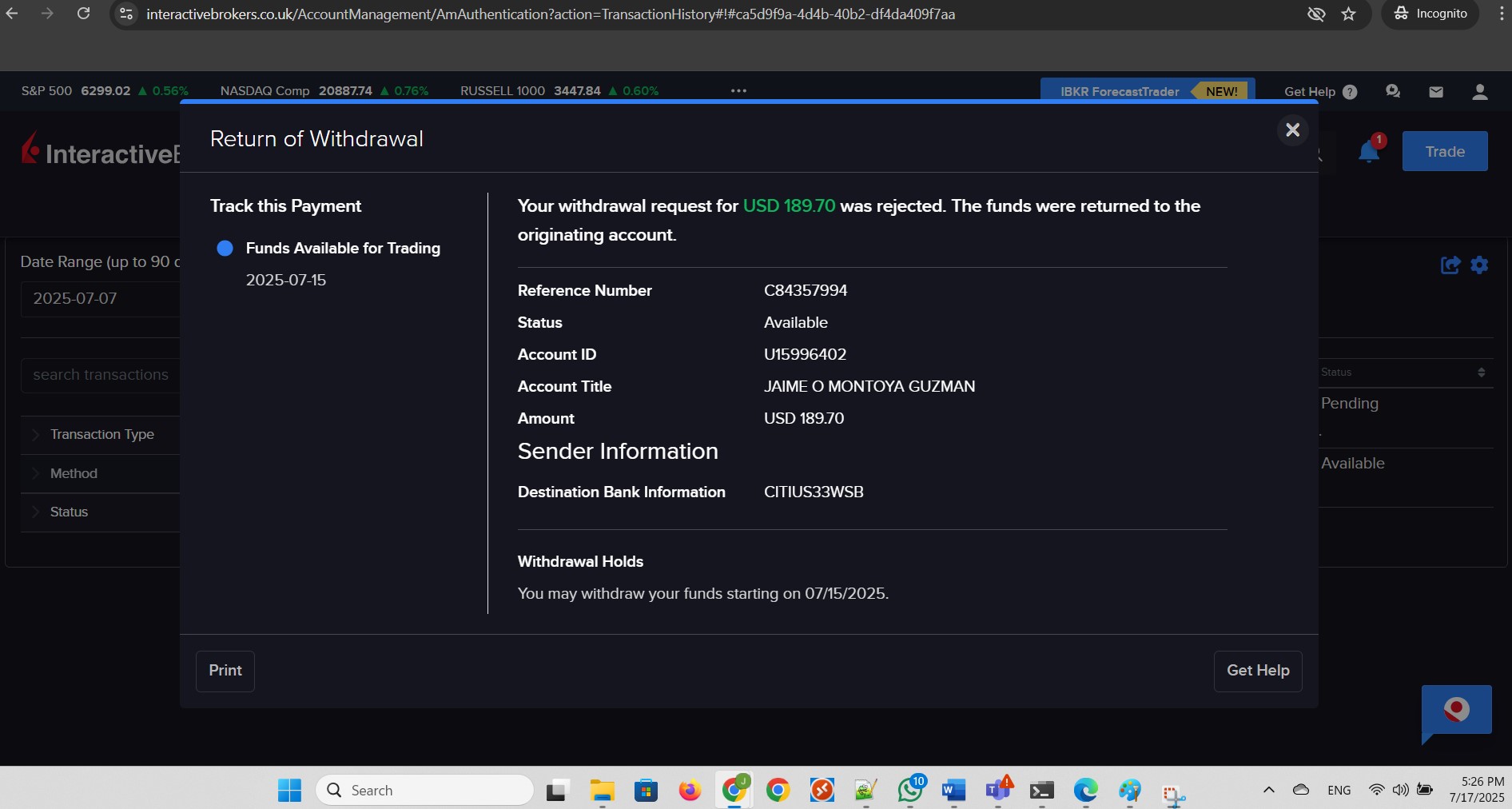 Show rejected withdrawal