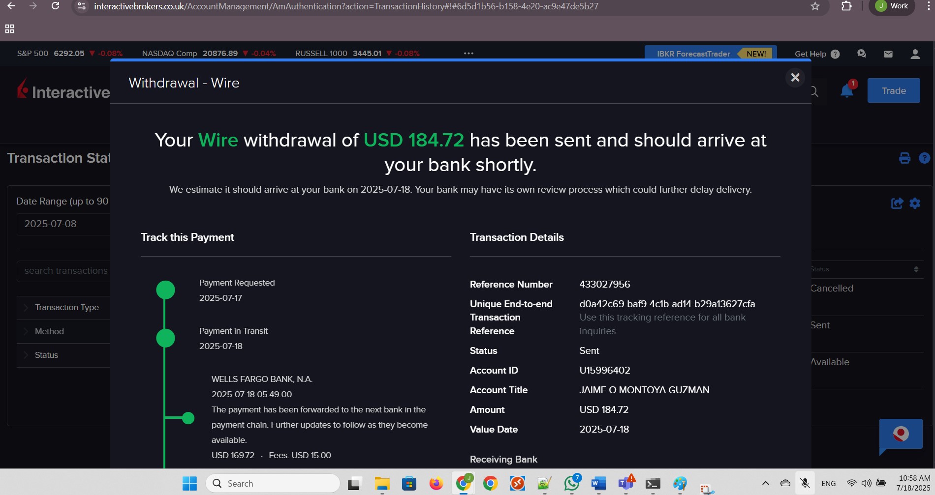 Wire transfer completed, appearing on Interactive Brokers. Part 1 of 2.