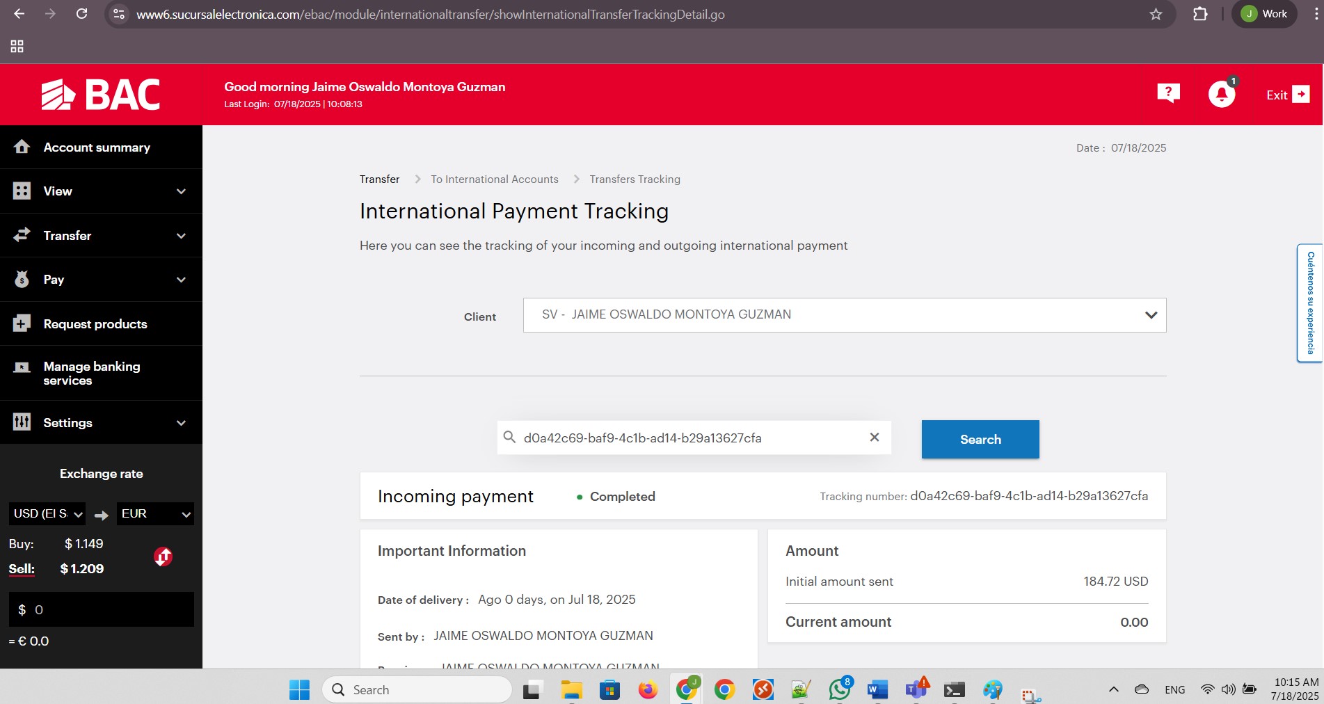 Wire Transfer completed