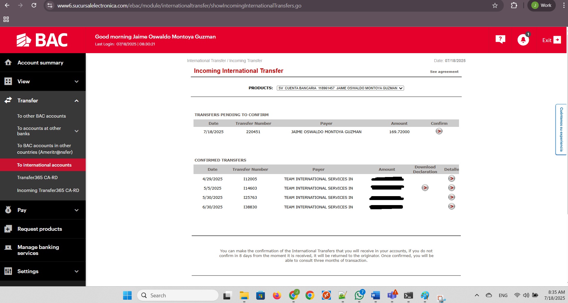 Wire transfer in my incoming money online