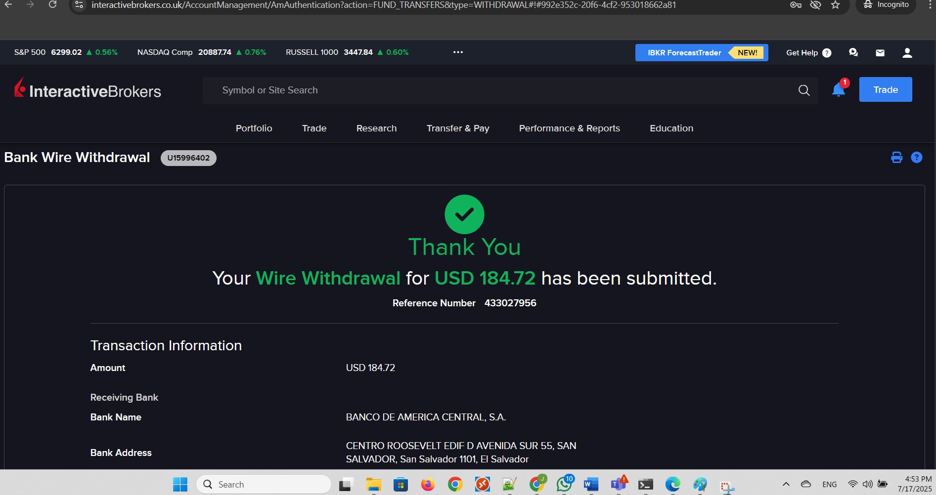 Wire Withdrawal submitted successfully. Part 2 of 3.