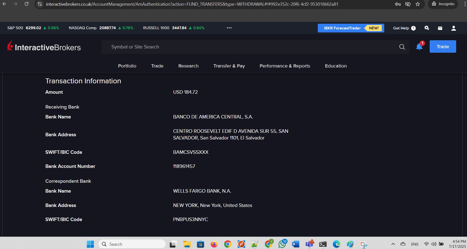 Wire Withdrawal submitted successfully. Part 3 of 3.