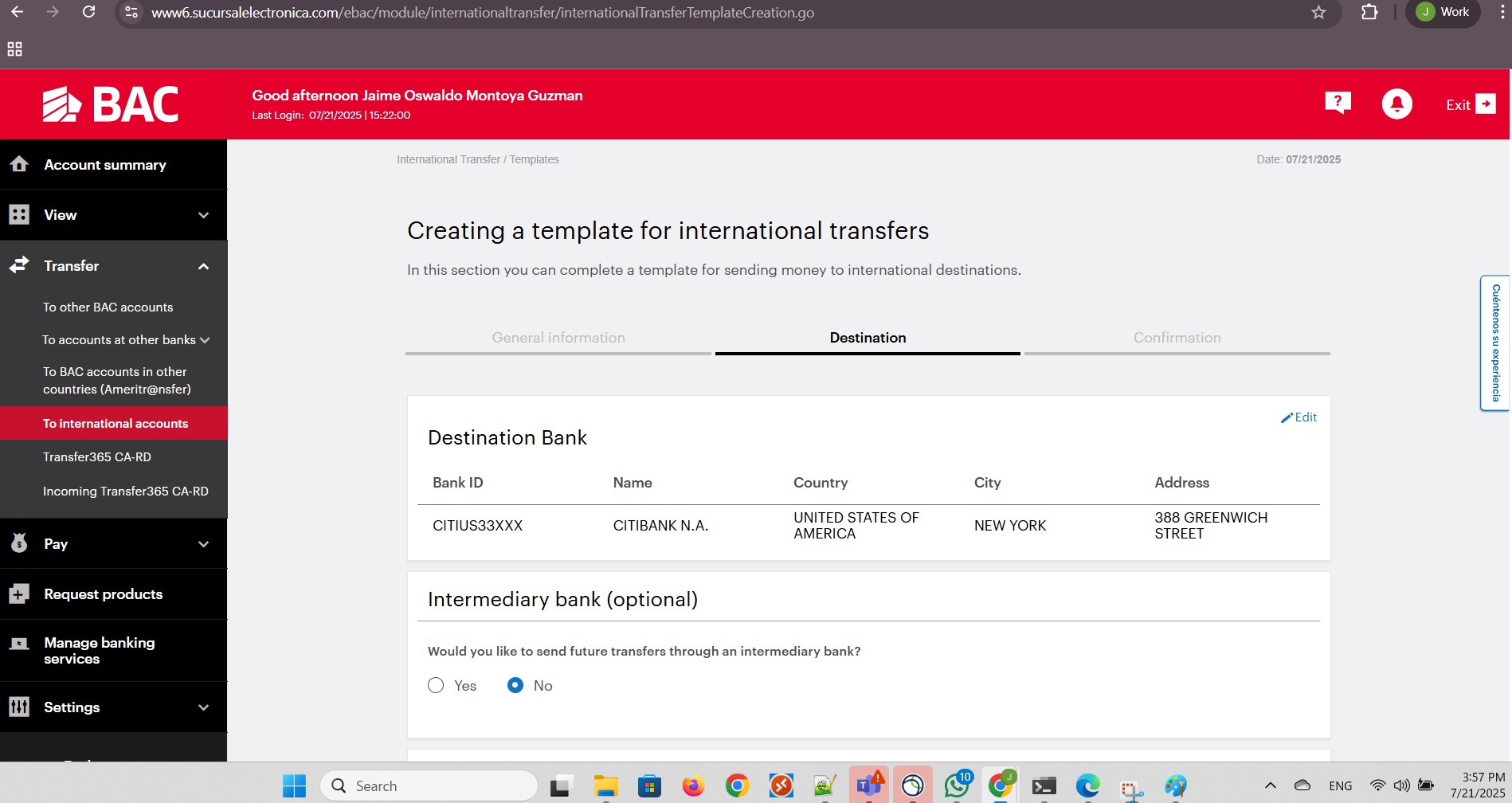 Bank information for template. Part 1 of 3.