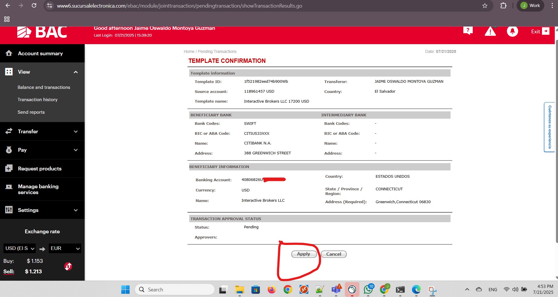 Click Apply from TEMPLATE CONFIRMATION screen