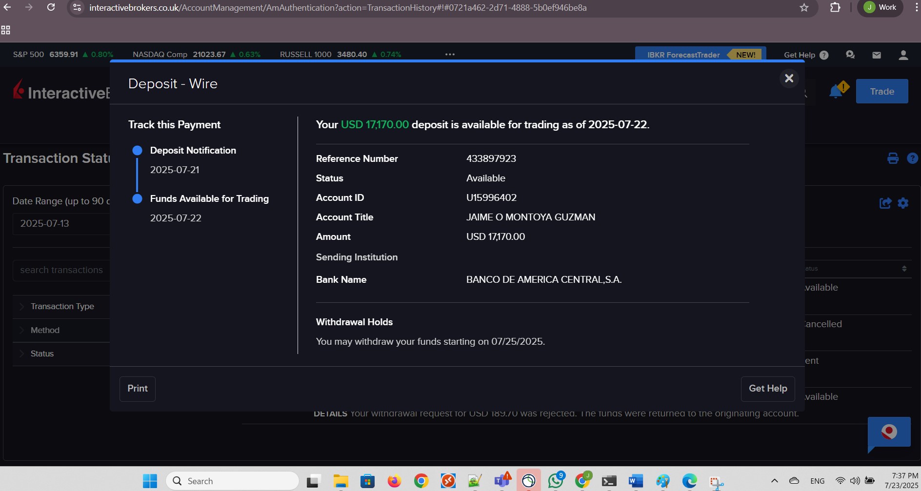 Deposit available for trading.