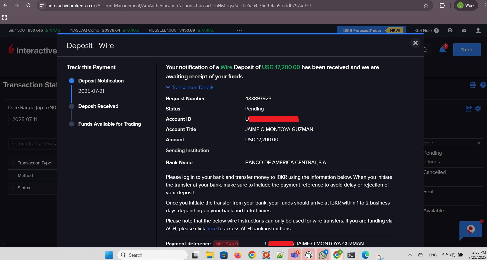 Notification of wire transfer successful. Part 1 of 2.