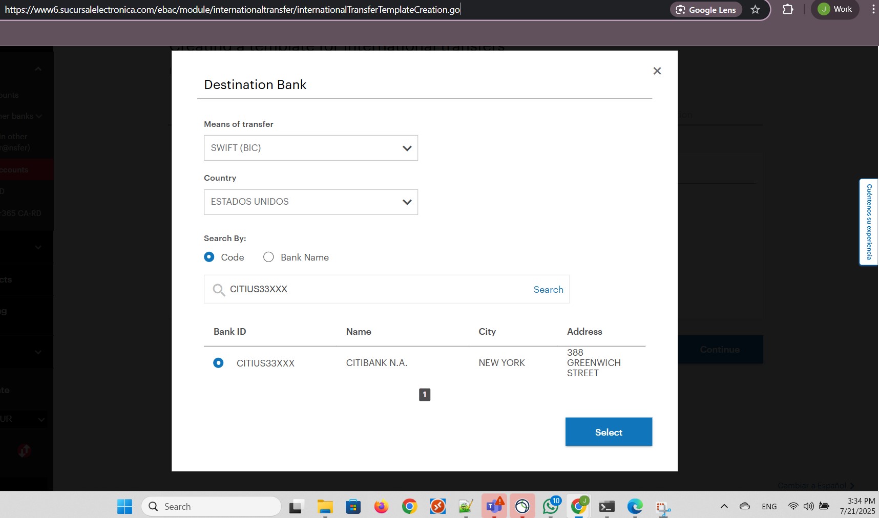 Select destination bank found bt SWIFT Code.