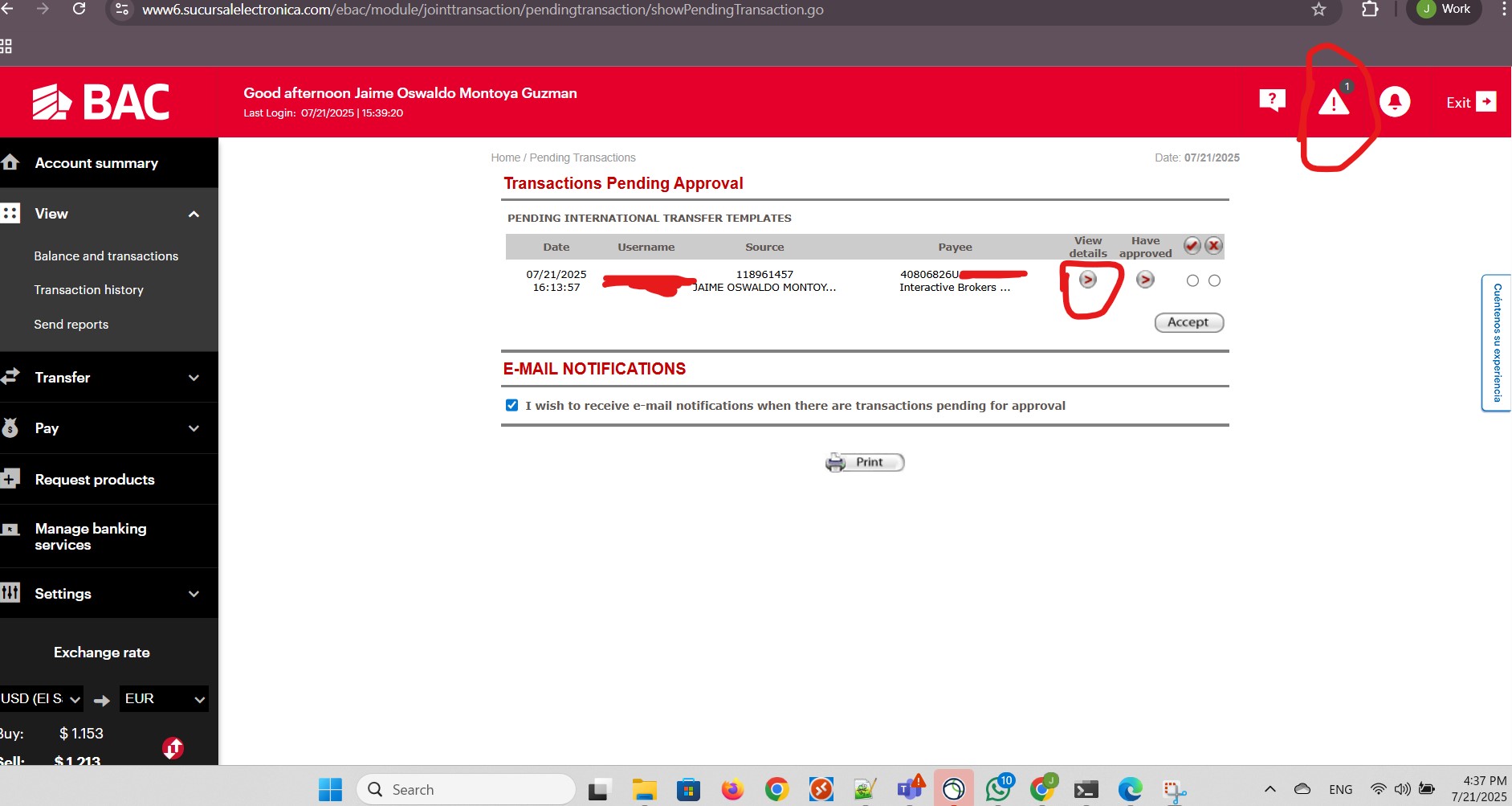 View details of transaction pending approval