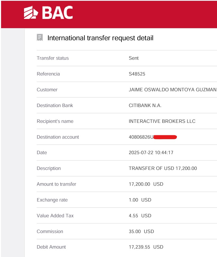 Wire transfer sent successfully from El Salvador to the USA.